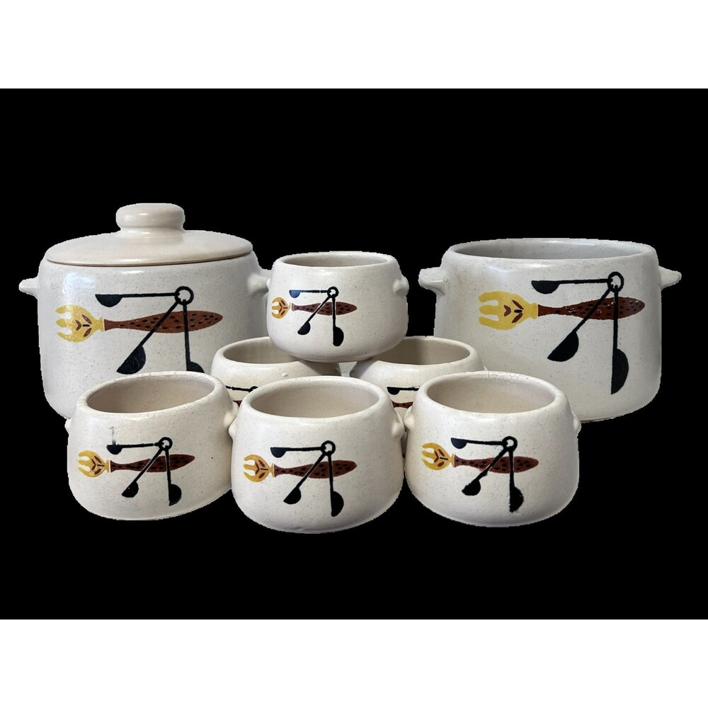 Vintage 1960s West Bend Stoneware Pots and Bowls - 6 Bowls and 2 Pots - RARE